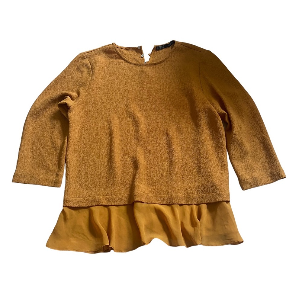 Zara blouse mustard yellow ruffle details large 3/4 sleeve - Picture 2 of 9